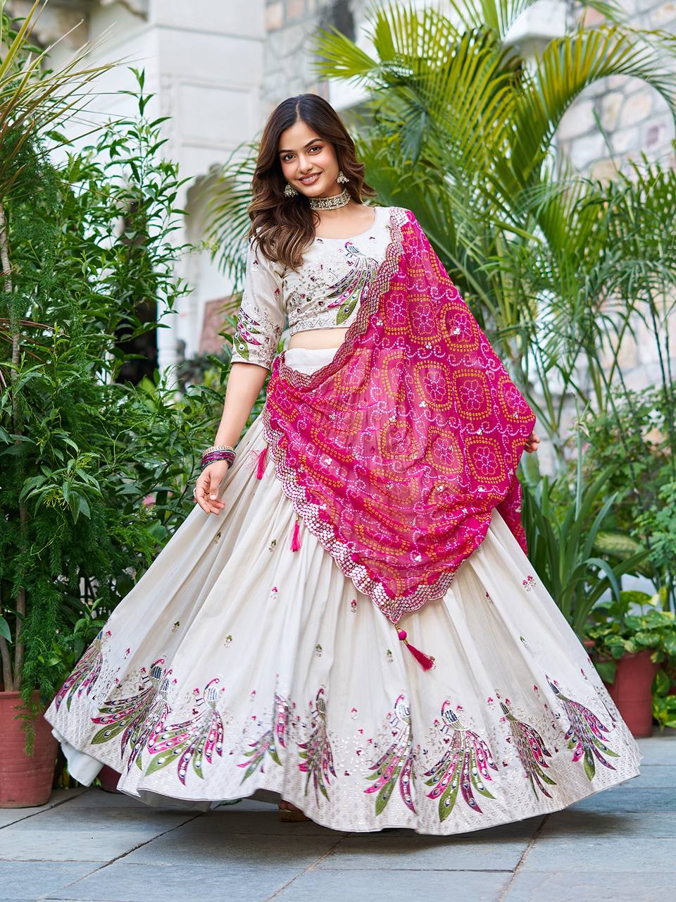 Womens Off White Color Tissue Silk Lehenga Choli For Women