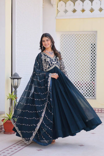 Traditional Rama Color Georgette Sequins Work Party Anarkali Gown