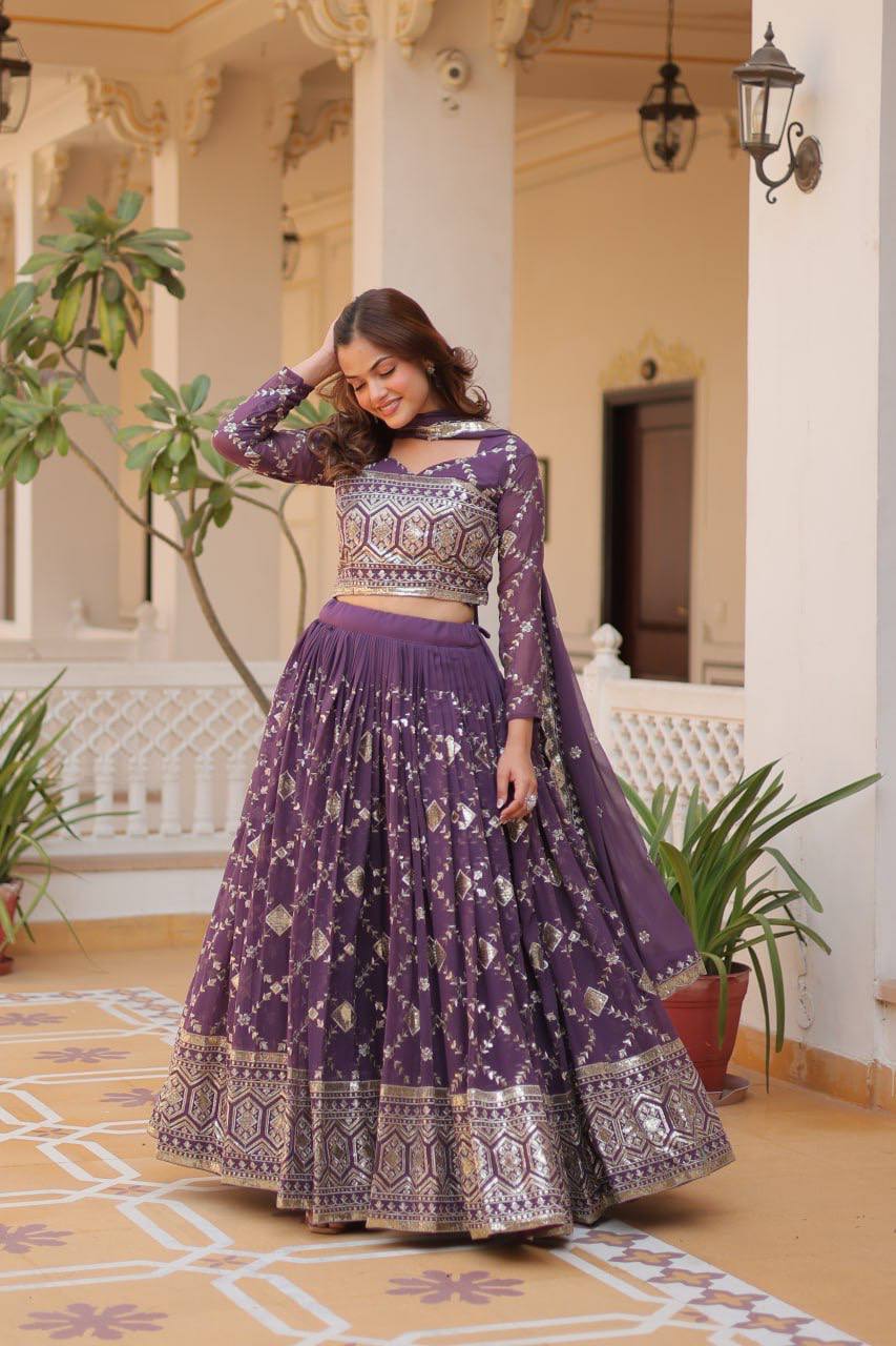 Abstract Purple Georgette Sequins Work Lehenga Choli For Engagement