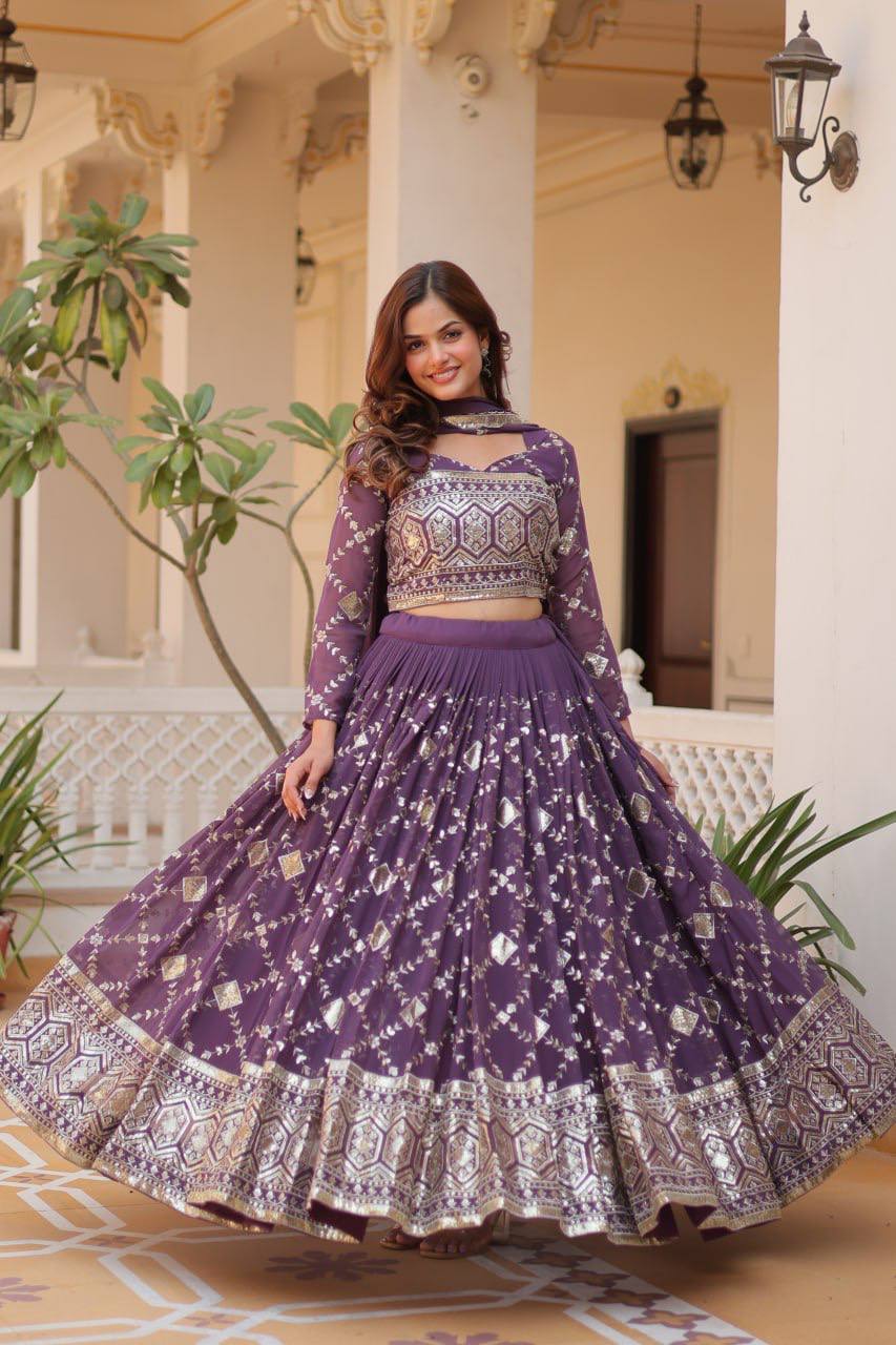Abstract Purple Georgette Sequins Work Lehenga Choli For Engagement