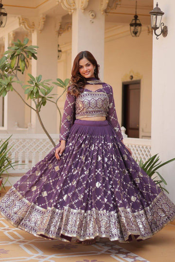 Abstract Purple Georgette Sequins Work Lehenga Choli For Engagement
