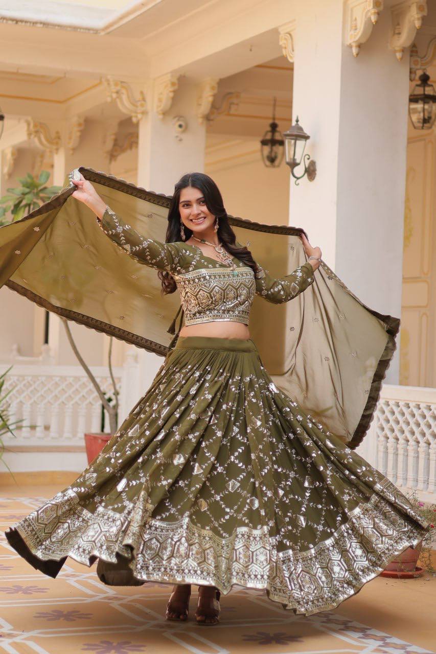 Abstract Mehendi Georgette Sequins Work Lehenga Choli For Engagement