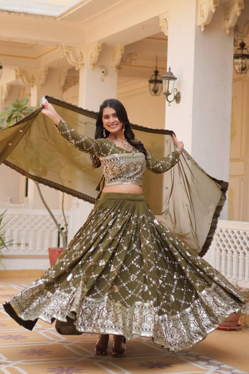 Abstract Mehendi Georgette Sequins Work Lehenga Choli For Engagement