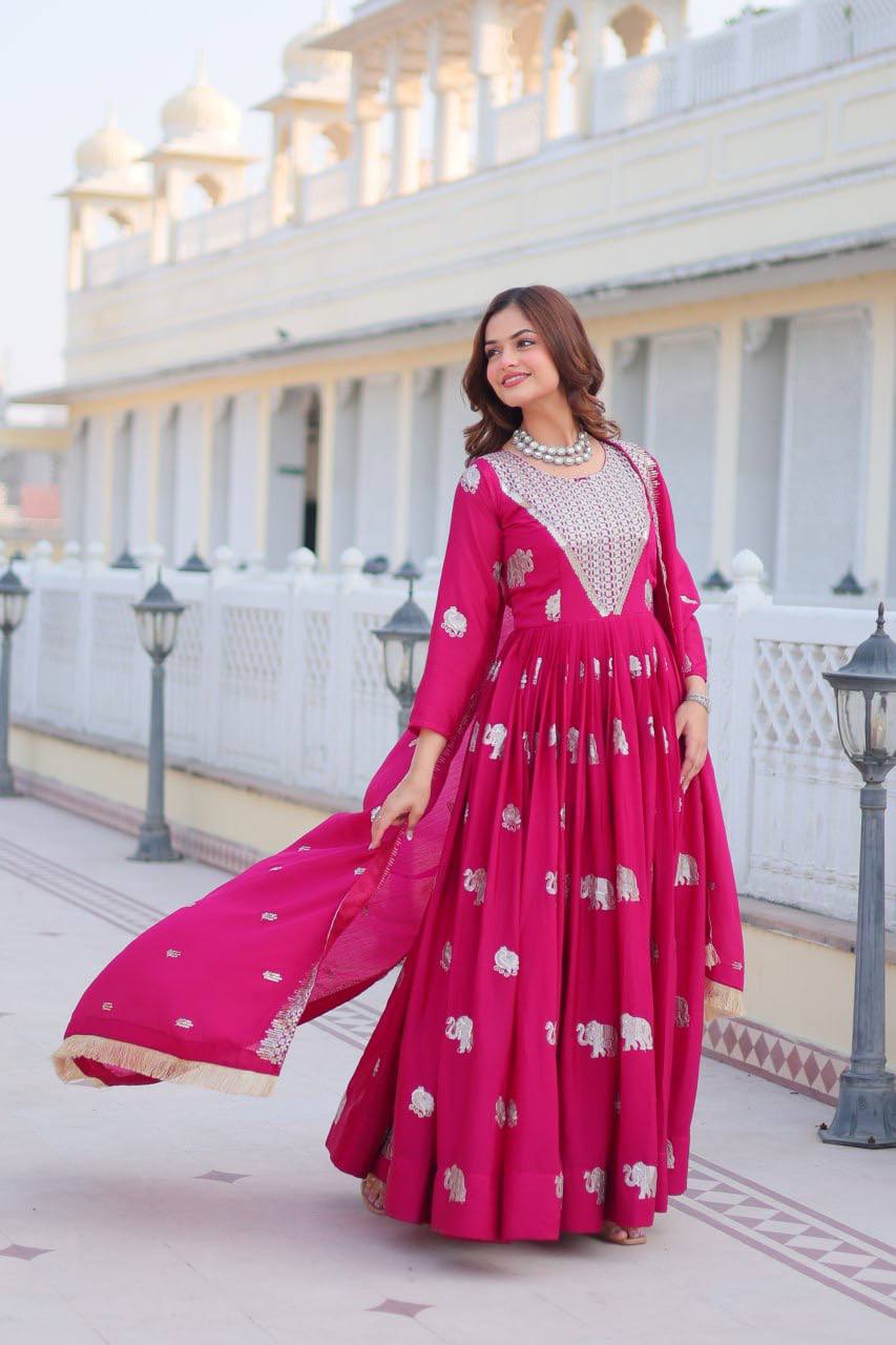 Designer Georgette Rani Pink Traditional Anarkali Gown With Dupatta