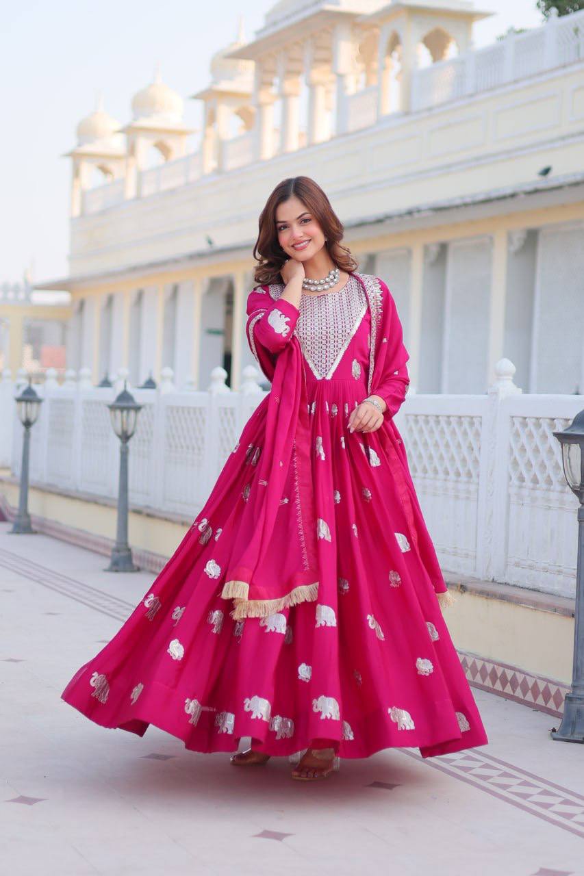 Designer Georgette Rani Pink Traditional Anarkali Gown With Dupatta