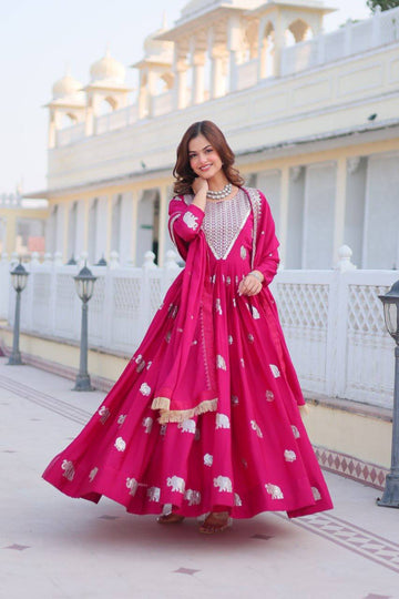 Designer Georgette Rani Pink Traditional Anarkali Gown With Dupatta