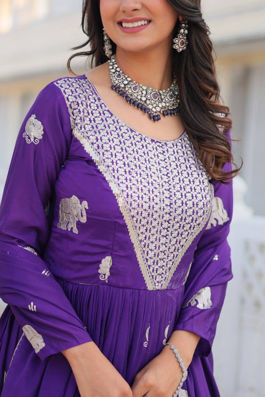 Designer Georgette Purple Traditional Anarkali Gown With Dupatta