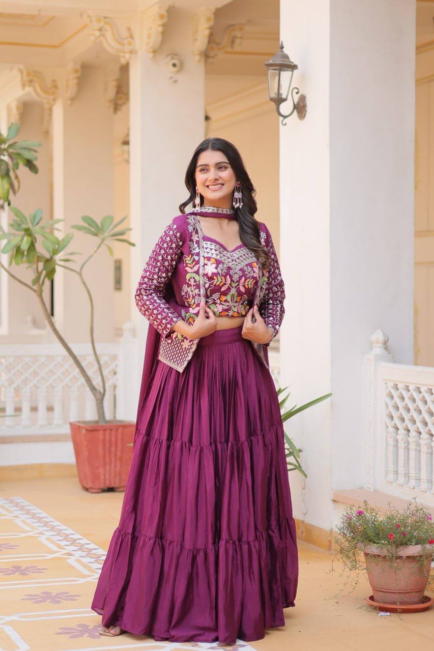 Wine Color Chinon Embroidery Work Stitched Lehenga Choli For Wedding