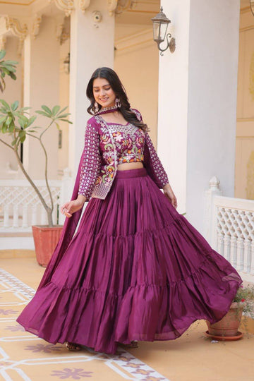Wine Color Chinon Embroidery Work Stitched Lehenga Choli For Wedding