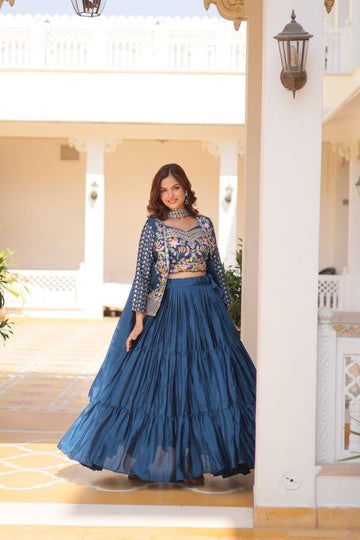 Rama Color Chinon Embroidery Work Stitched Lehenga Choli For Wedding