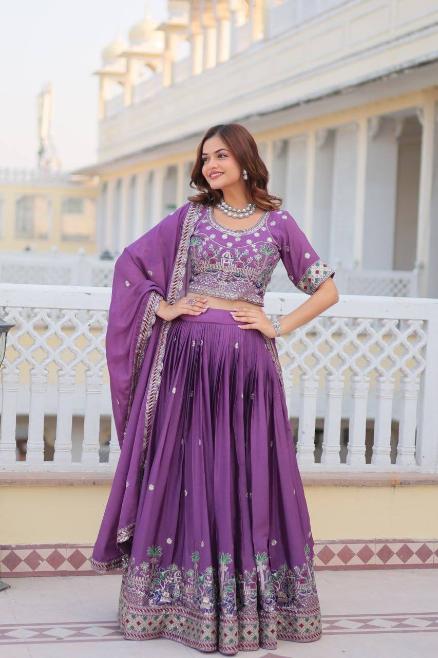 Bridesmaids Purple Chinon Wedding Reception Wear Lehenga Choli