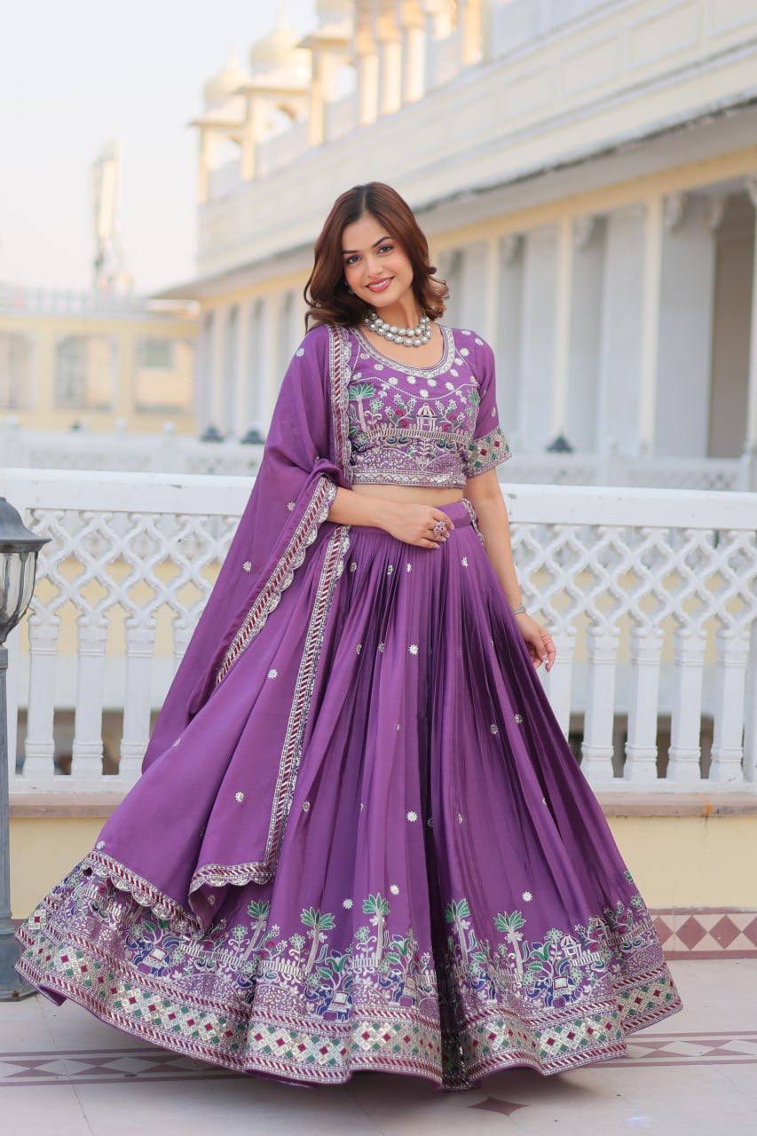 Bridesmaids Purple Chinon Wedding Reception Wear Lehenga Choli