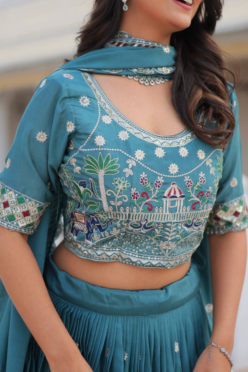 Bridesmaids Teal Blue Chinon Wedding Reception Wear Lehenga Choli