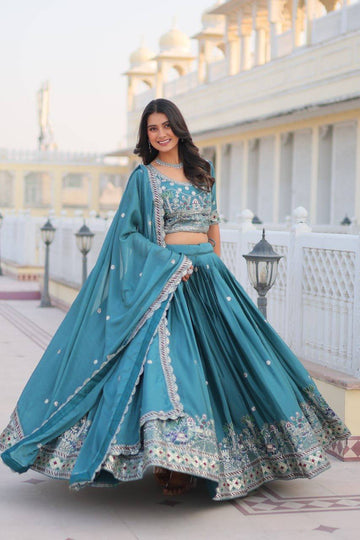 Bridesmaids Teal Blue Chinon Wedding Reception Wear Lehenga Choli