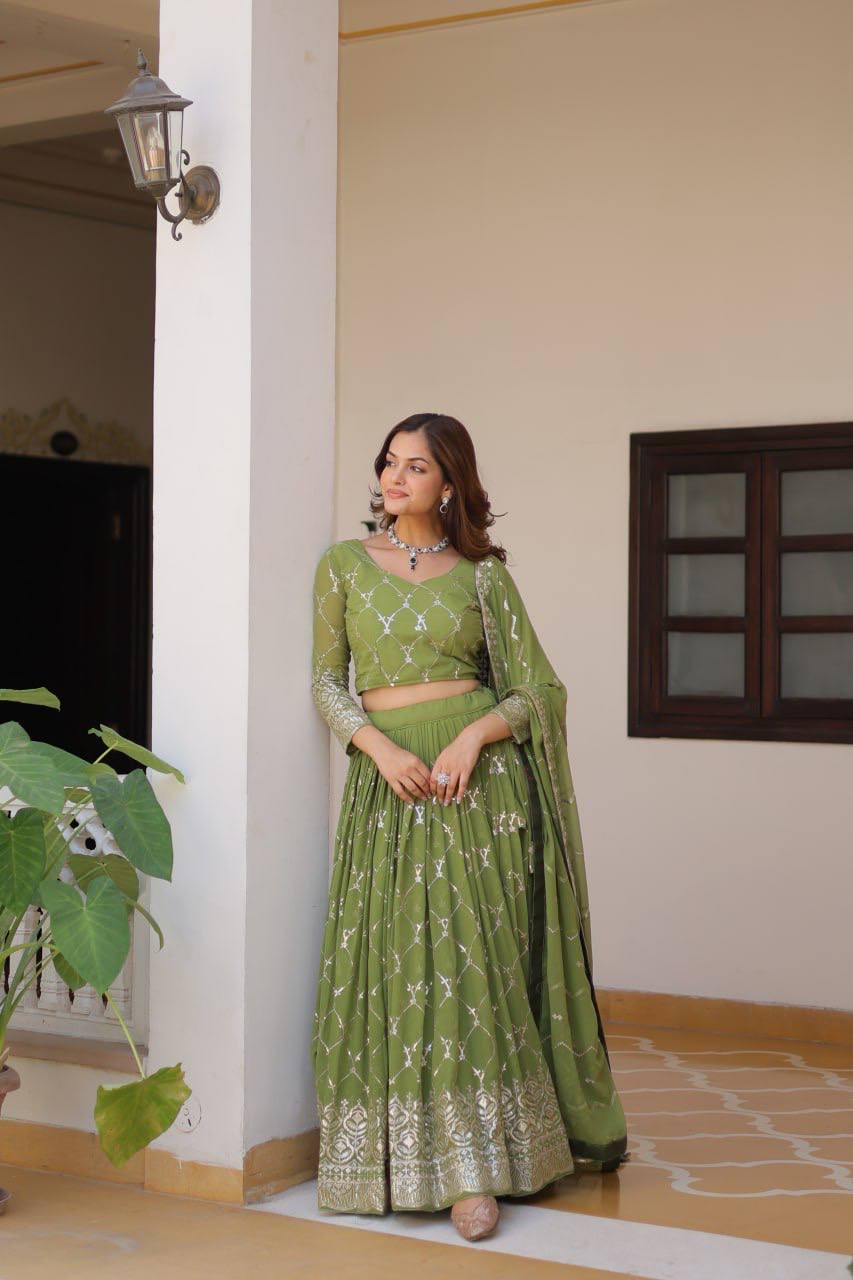 CLOTIX SHOP Excellent Green Georgette Trendy Lehenga Choil For Sangeet Ceremonies