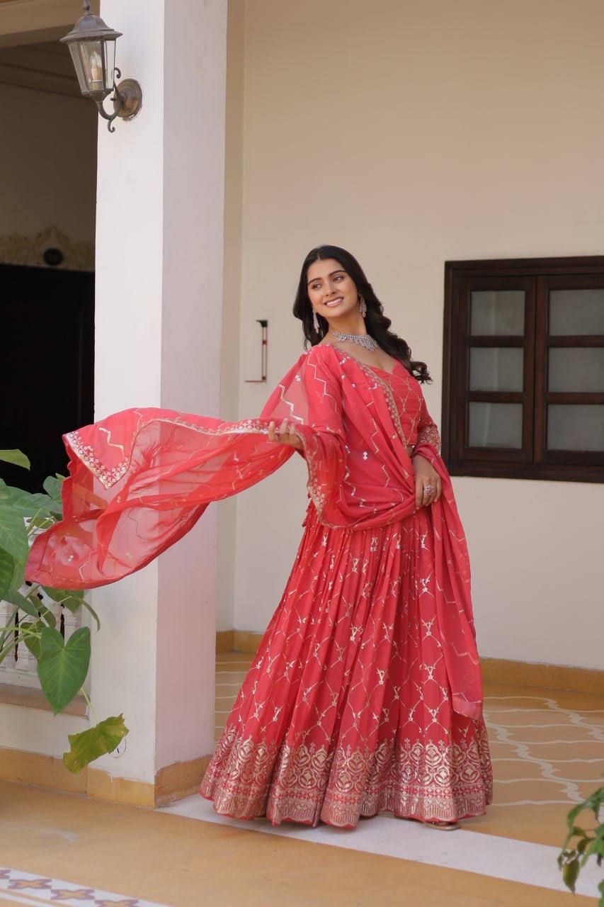 Excellent Pink Georgette Trendy Lehenga Choil For Sangeet Ceremonies