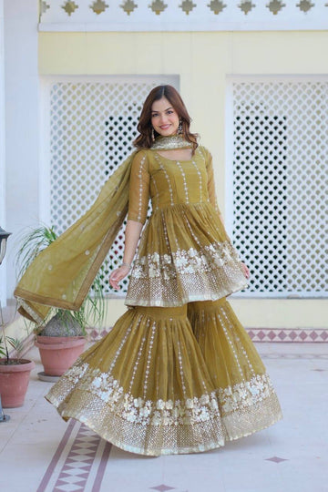 Elegance Green Color Sequins Work Readymade Wedding Wear Sharara Suit