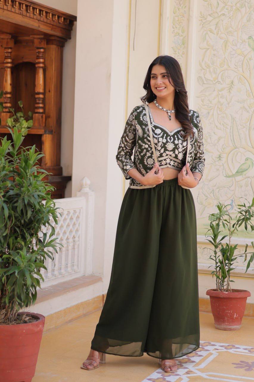 Gorgeous Green Color Georgette Traditional Sharara Suit With Koti