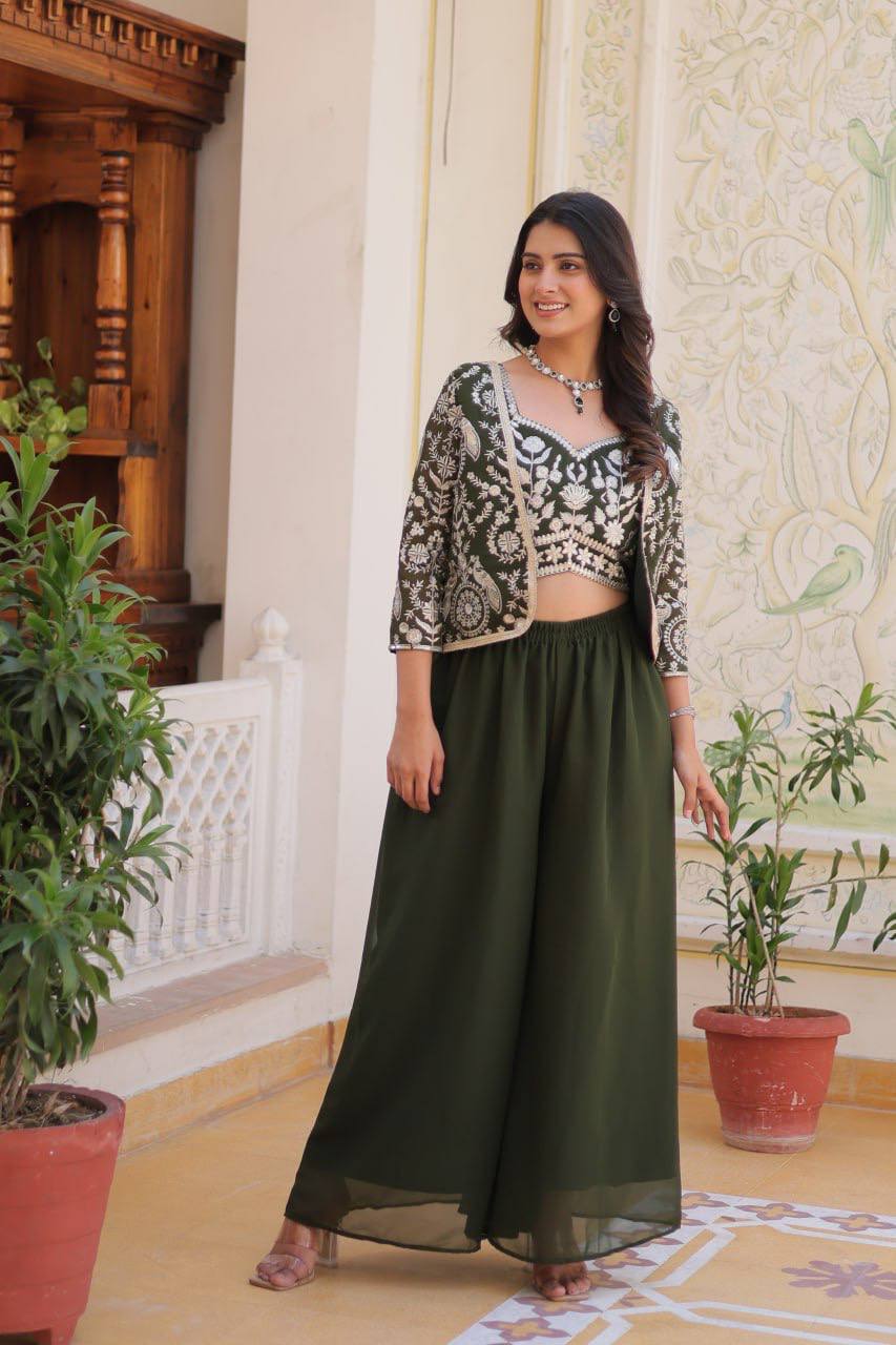 Gorgeous Green Color Georgette Traditional Sharara Suit With Koti