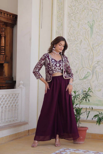 Excellent Wine Color Georgette Sequins Work Sharara Suit With Koti