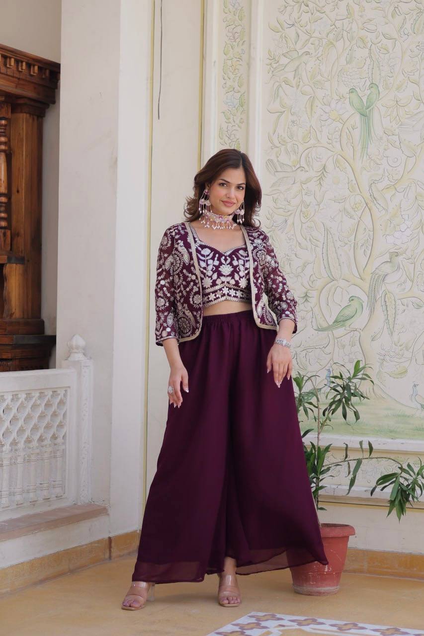 Excellent Wine Color Georgette Sequins Work Sharara Suit With Koti