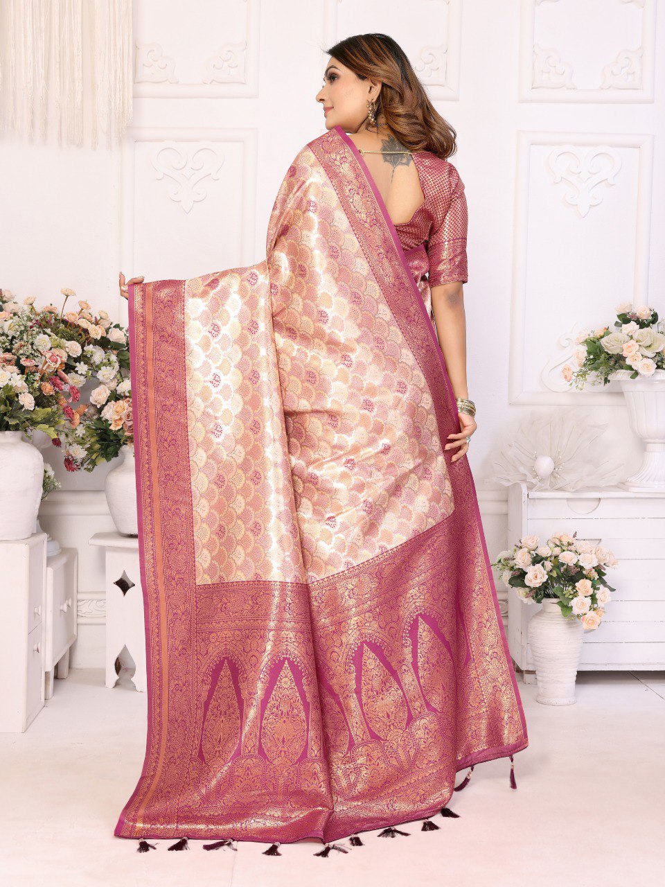 Glamorous Peach Color Banarasi Silk Weaving Saree For Festival