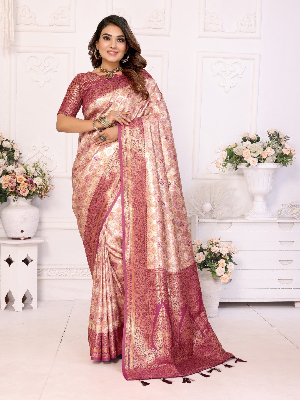 Glamorous Peach Color Banarasi Silk Weaving Saree For Festival