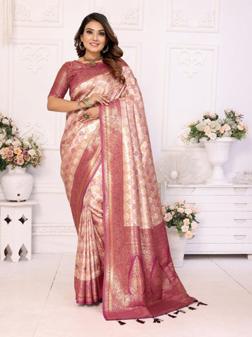 Glamorous Peach Color Banarasi Silk Weaving Saree For Festival