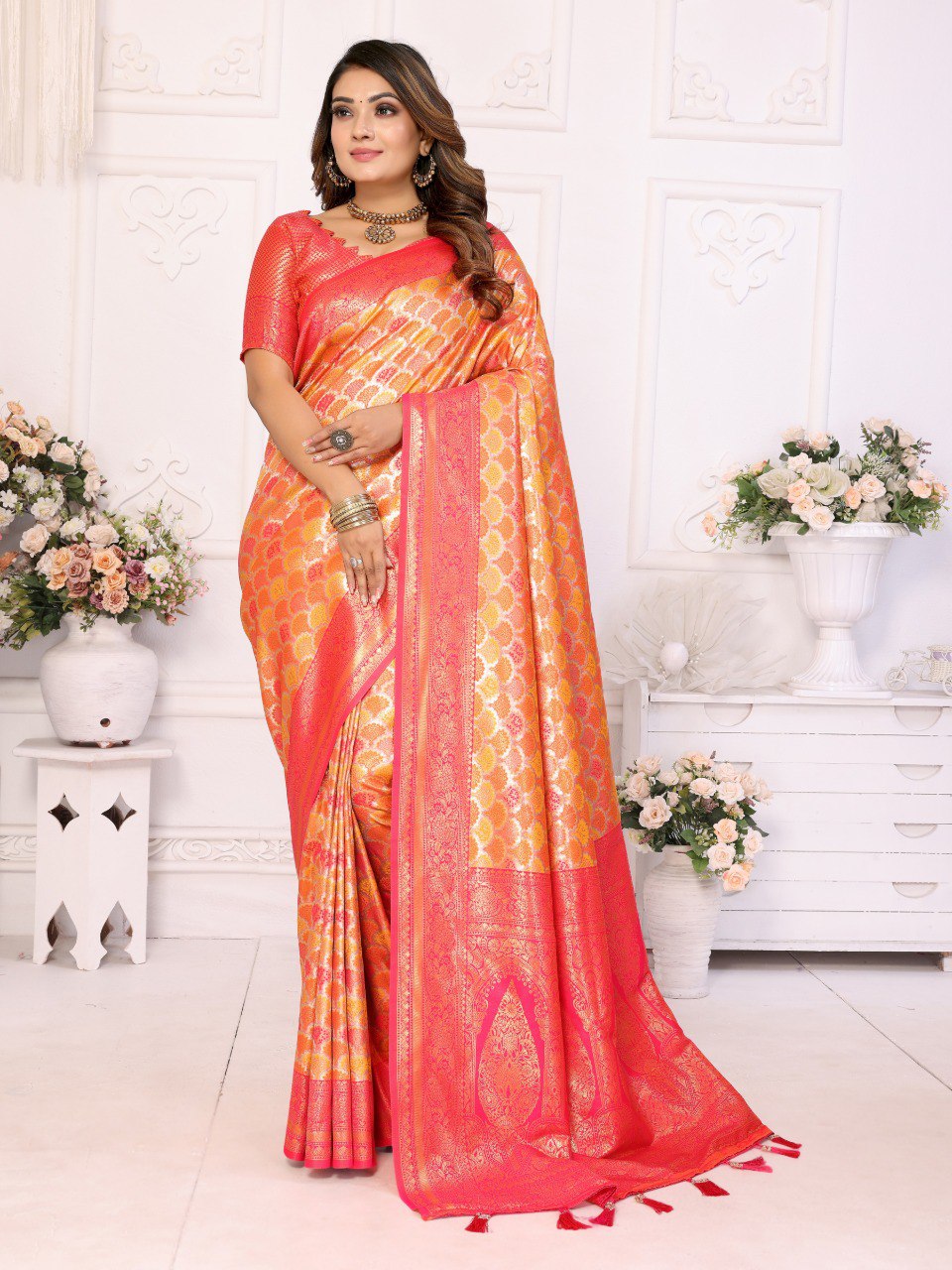 Modern Indian Designer Yellow Color Banarasi Silk Weaving Saree For Wedding