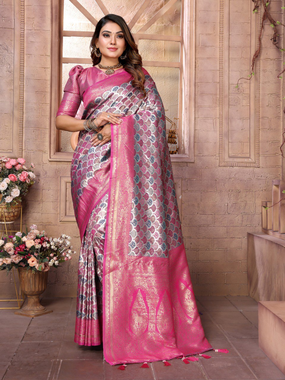 Attractive Tissue Grey Banarasi Silk Weaving Saree For Wedding