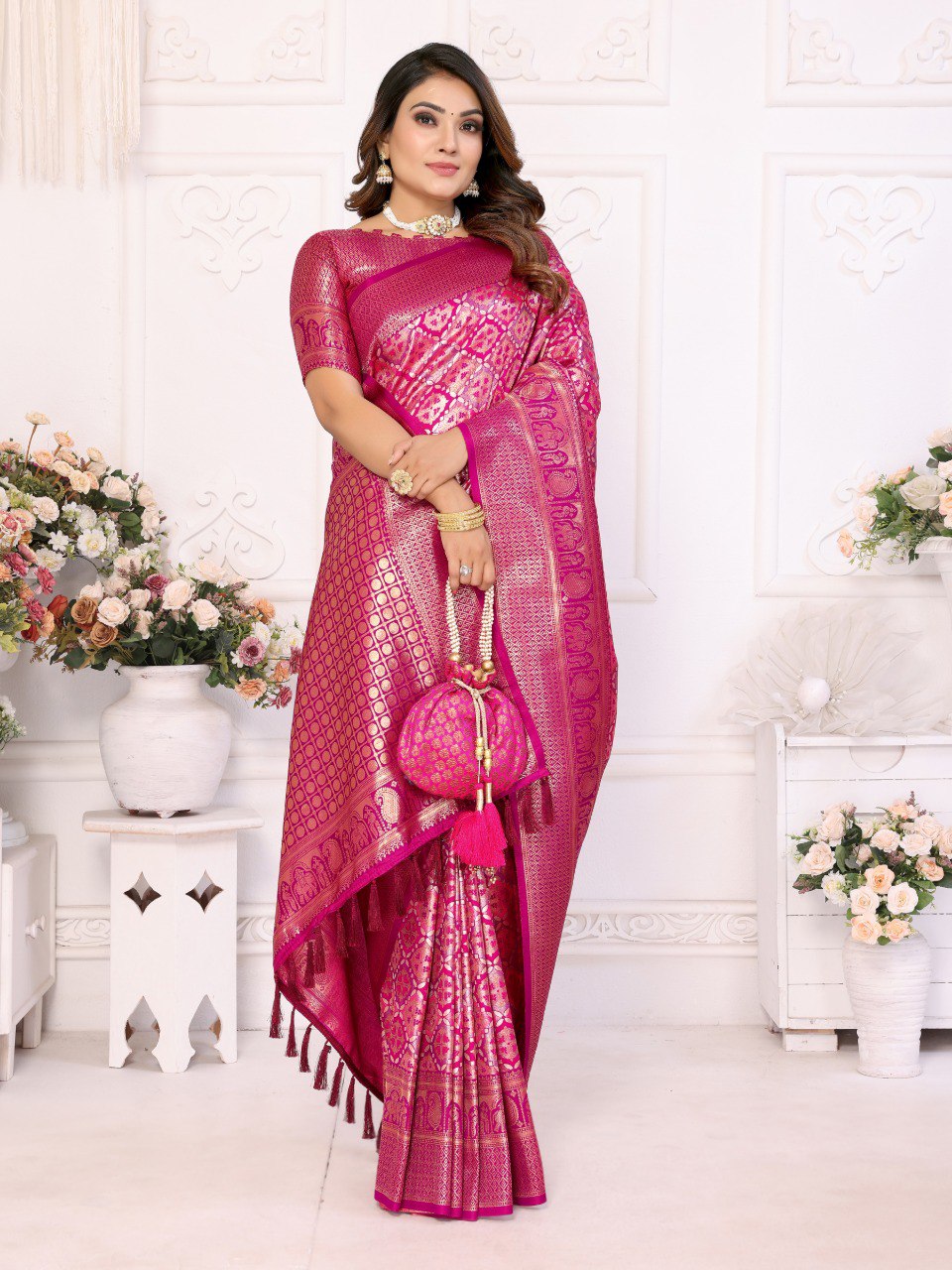 Gorgeous Wine Color Pashmina Silk Traditional Saree For Reception