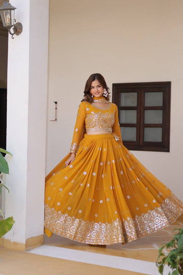 Presenting Yellow Color Georgette Designer Event Wear Lehenga Choli