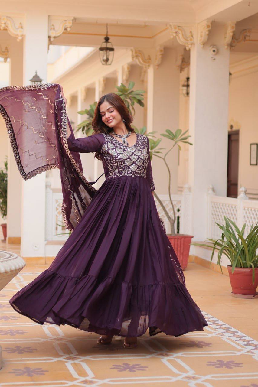 Designer Georgette Wine Traditional Anarkali Gown With Dupatta