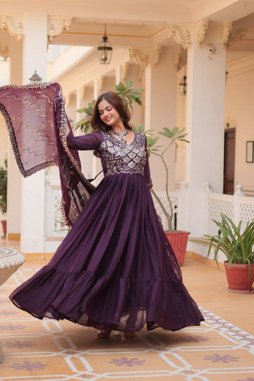 Designer Georgette Wine Traditional Anarkali Gown With Dupatta