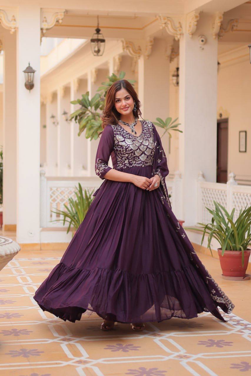 Designer Georgette Wine Traditional Anarkali Gown With Dupatta