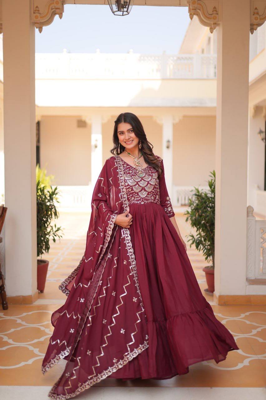 Designer Georgette Maroon Traditional Anarkali Gown With Dupatta
